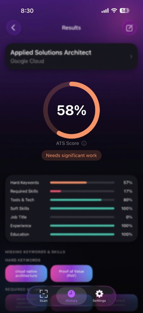 Nock results screen with ATS score